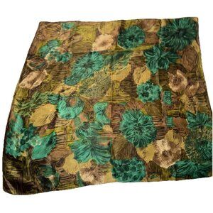 Vintage Hand Painted Brown Green Gold Floral Batik Raw Silk Scarf  Design